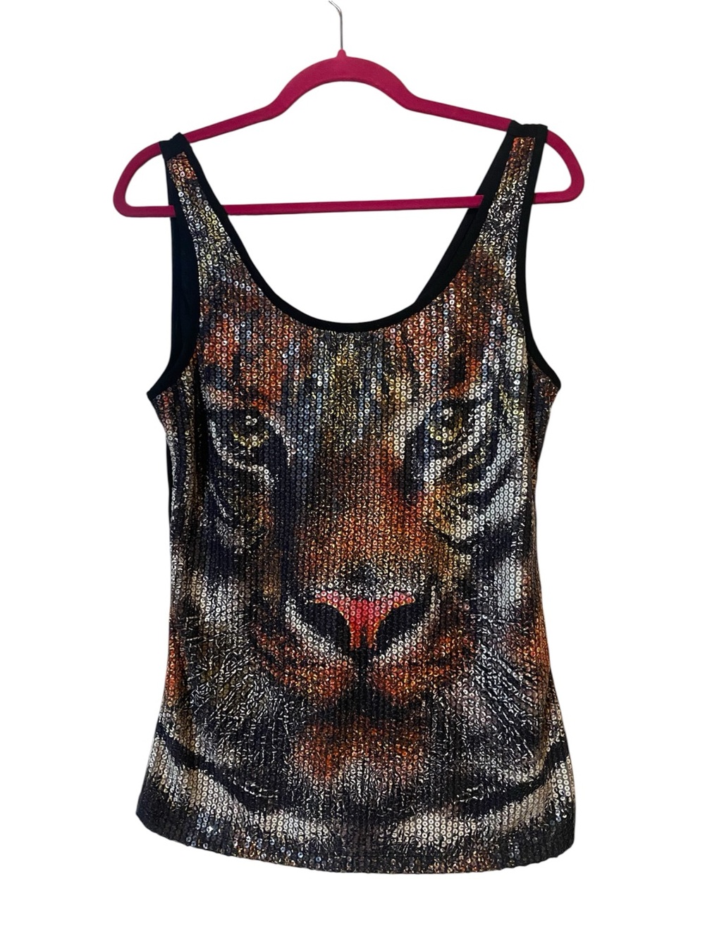 Y2k Retro Glam Maximalist Fresh Brewed Sequin Tiger Face Tank Top Size Large